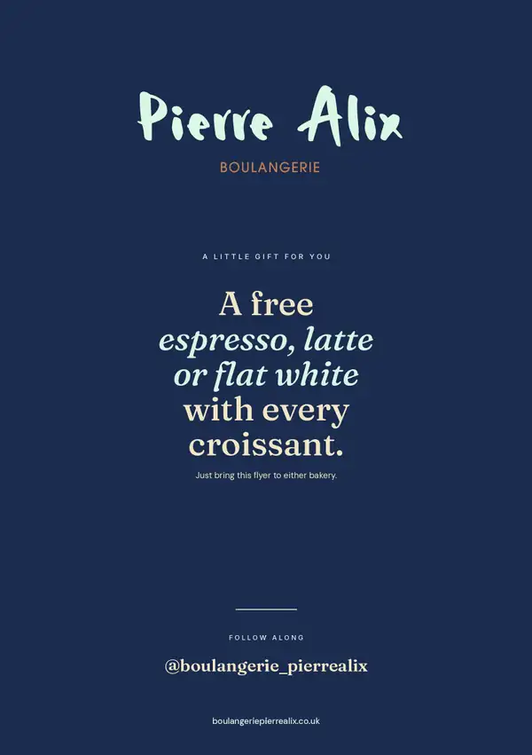 Back of the Pierre Alix flyer: a free espresso, latte or flat white with every croissant